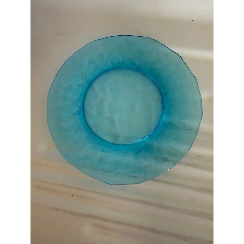 2 Vintage Aqua Blue Textured Glass Salad Dessert Plate Bark Pattern 8.25 Inch